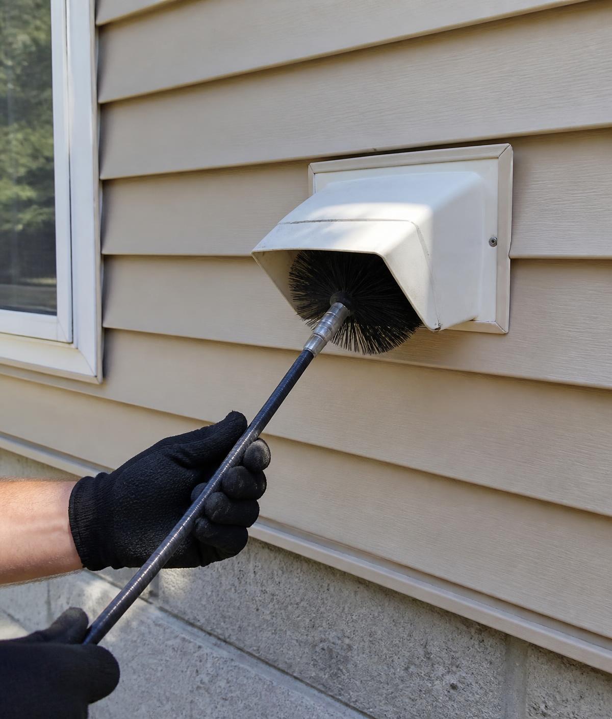 Rotary vent-cleaning brush inserted into an exterior dryer vent hood